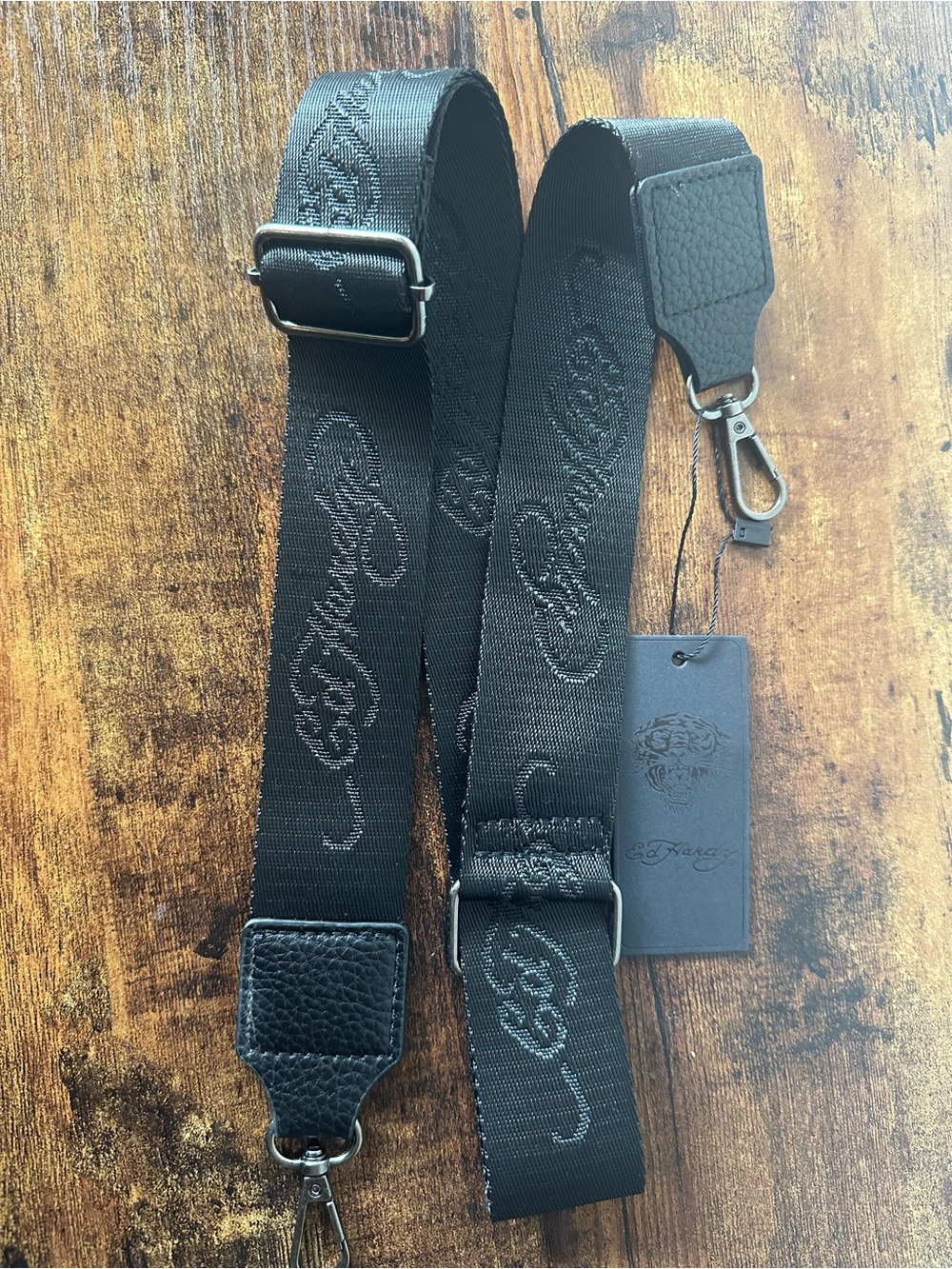 Ed Hardy Black Crossbody Bag Strap with Black Script Guitar Strap Style NWT